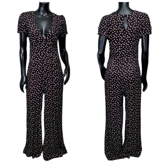 Free People Womens 8 Mia Black‎ Peach Printed Wide Leg VNeck Jumpsuit One Piece - Picture 1 of 13